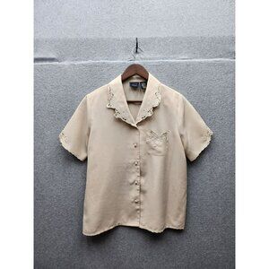 Laura Scott Petite Beige Button-Up Blouse With Embroidered Collar & Pocket Short
